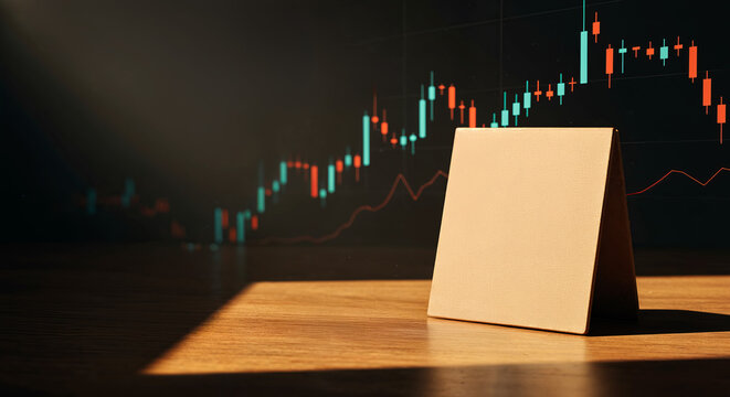 Financial chart background with a triangular stand in focus.
