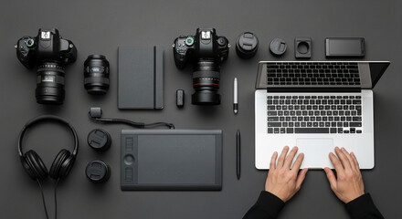 Flat lay showcasing black photography equipment, laptop, and hands on dark gray surface, representing digital photo editing workflow, creativity and modern technology