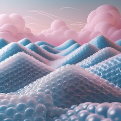 Bubble wrap forming a landscape of hills and valleys under a pink-blue gradient sky, clean and quirky mockup surface background copy space