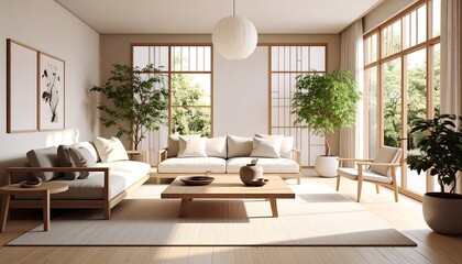 Bright Living Room with Wooden Accents, Neutral Tones, and Natural Light