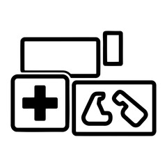 Vector  black and white medical icons including plus sign and pill shapes on transparent background