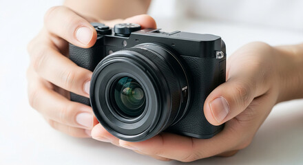 Close-up of hands holding black camera, showcasing lens detail, suggesting photography, technology, or hobby themes