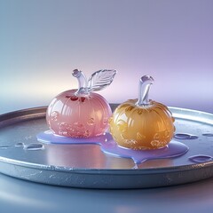 Melting glass fruits on a frozen steel tray, hyperreal texture clash with gradient backdrop background copyspace mockup aesthetic pumpkin pastel pink orange