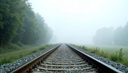 Fototapeta premium Tranquil Foggy Railway Surrounded by Forested Scenery in Early Morning Light