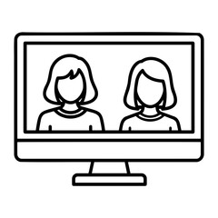 Vector  two women on a computer screen in a video call line art style on transparent background