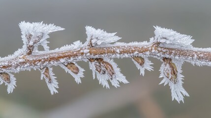 Frost Covered Branch with Blossoms in a Winter Landscape Scene