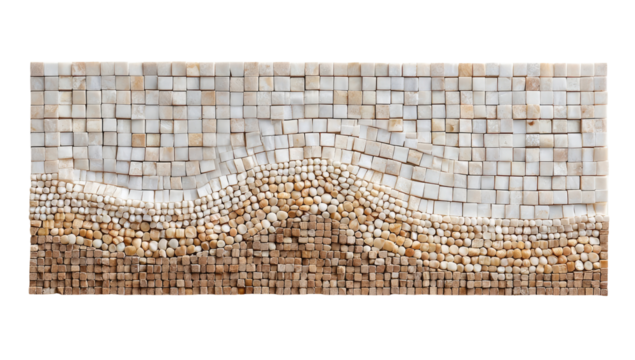 A mosaic depicting a gentle wave.  Light beige and off-white squares and small stones create a textured landscape