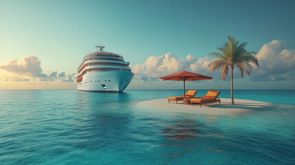 Cruise ship anchored near a tropical island with lounge chairs and palm tree