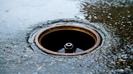 Water Pooling Around a Rusted Drain Cover in Urban Environment