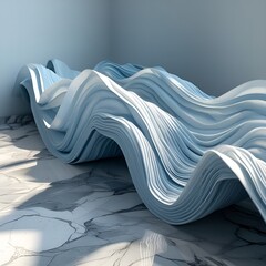 A wave made of soft fabric folding mid-air over a marble floor, ocean illusion background copy space mockup modern interior