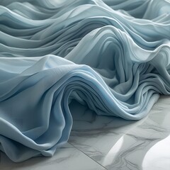 A wave made of soft fabric folding mid-air over a marble floor, ocean illusion background copy space mockup aesthstic fabric