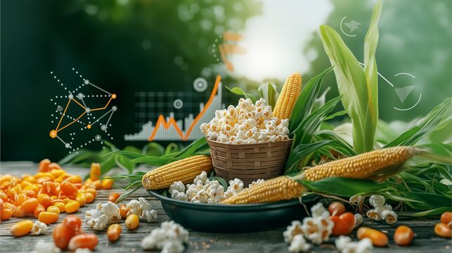Corn popcorn in a basket with a graph symbolizing a thriving economy