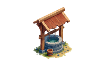 Isometric stylized well with wooden roof and bucket