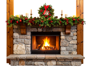 Rustic Fireplace with Christmas Decor PNG  