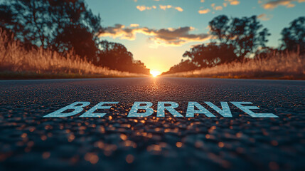 Sunrise over a deserted road with an inspiring message on the pavement
