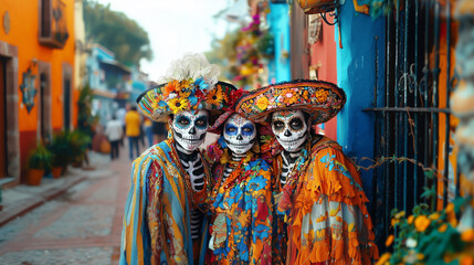 Fototapeta premium Celebrating Dia de los Muertos in a colorful town with vibrant costumes