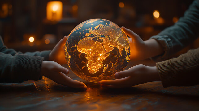 Hands hold illuminated globe highlighting global connections and unity - Powered by Adobe