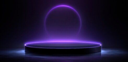 A purple, glowing halo floating above an empty, black podium platform on a dark background. This vector presentation design includes a copy space and a glowing light effect, in the.