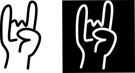 Rock hand gesture icon in black and white outline style, symbolizing music, energy, or rebellion. Ideal for concerts, fan culture, or edgy graphic design themes.
