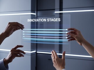 Diverse hands collaboratively manipulate a transparent digital interface displaying innovation stages; futuristic, modern, and professional.