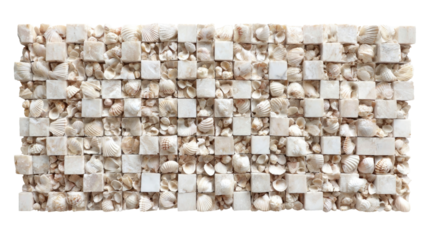 Cream-colored mosaic tile, featuring small, inset seashells in a repeating square pattern