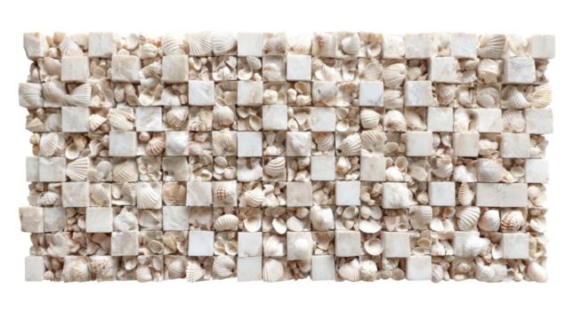 Cream-colored mosaic tile, featuring small, inset seashells in a repeating square pattern
