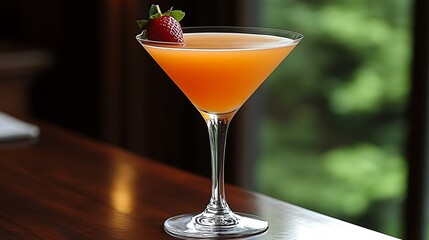 A vibrant cocktail garnished with a fresh strawberry.