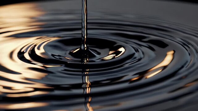Single droplet disturbs pitch black pool creating concentric golden ripples under spotlight serene four K macro emphasises calm luxury cause and effect concepts meditation apps upscale