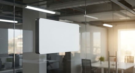Blank Canvas in Business Office: A pristine, rectangular frame sits on a sleek, glass office wall, offering a clean, professional aesthetic and a sense of anticipation.