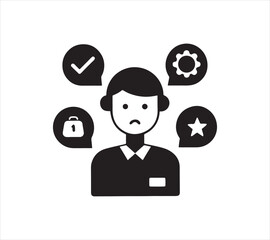 Man with Thought Bubbles Representing Security Solutions Quality and Positive Feedback for Business Growth Success and Optimization