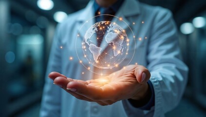 Futuristic Technology with a Global Network Concept in a Scientist's Hand