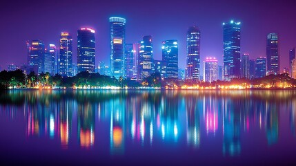 Obraz premium Colorful city skyline reflected in a calm body of water at night.