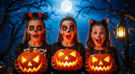 Three children in Halloween costumes holding carved pumpkins under a full moon in a spooky setting