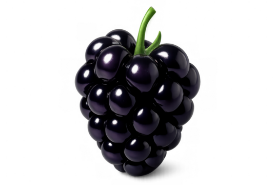 Photorealistic 3d rendering showing plump blackberry with attached stem, floating against transparent backdrop