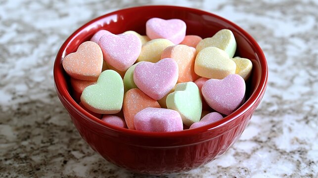 Candy Conversation Hearts Spilling Red Bowl White Table Product Display Holiday Decor
