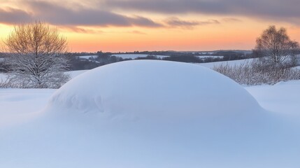 Snow-Covered Landscape at Sunset with Trees and Rolling Hills