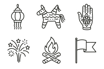 Festive symbols collection: lantern, pinata, mandala hand, fireworks, campfire, flag