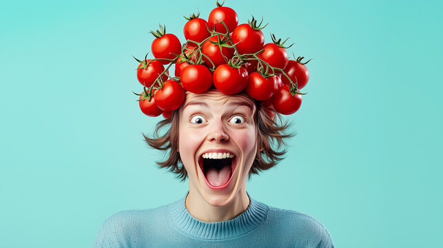 Person with excited expression wearing a crown of tomatoes indoors