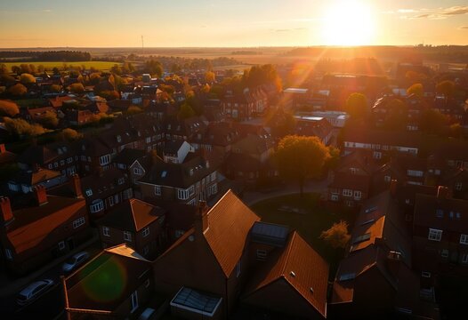 Early morning sun casts long shadows across Lichfield's rooftops, aerial view,  england,  view