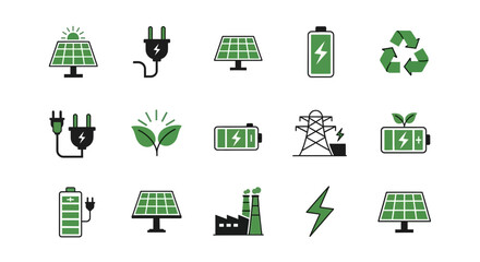 Minimalist Vector SVG Icon Set of Solar Energy and Power Symbols in Green Flat Style for Renewable Technology and Eco-Friendly Applications