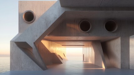 Modern Abstract Architecture with Concrete Textures and Ocean View