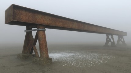 Rusty Industrial Beam Surrounded by Fog on a Sandy Beach Landscape