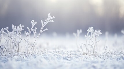 Frosted Grass and Plants in Winter Landscape with Soft Light