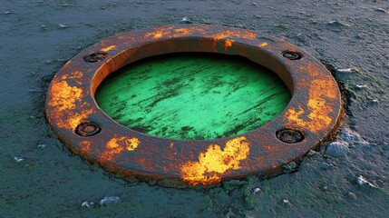 Rusty Porthole with Colorful Surrounding on Weathered Surface