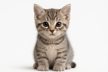Obraz premium An adorable little gray tabby kitten with big eyes sitting and looking at the camera, isolated on a white background.