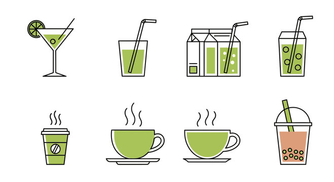 Vector SVG Illustration of Refreshing Green Beverage Glasses and Cups in Modern Flat Style for Web and Digital Design