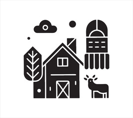 Rural farm scene with barn silo tree and deer in minimalist black and white vector design showcasing agricultural landscape and country living charm