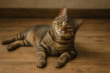 Portrait of a charming tabby cat with striped fur lying on a wooden floor, looking attentively with its head tilted.