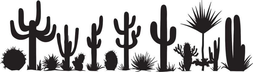 Obraz premium Desert Cactus Silhouette Collection – Wild West Succulent Plants Vector Illustration