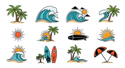 Vector SVG Illustration Set of Beach and Surf Elements in Modern Flat Style with Bright Colors for Web and Digital Design
